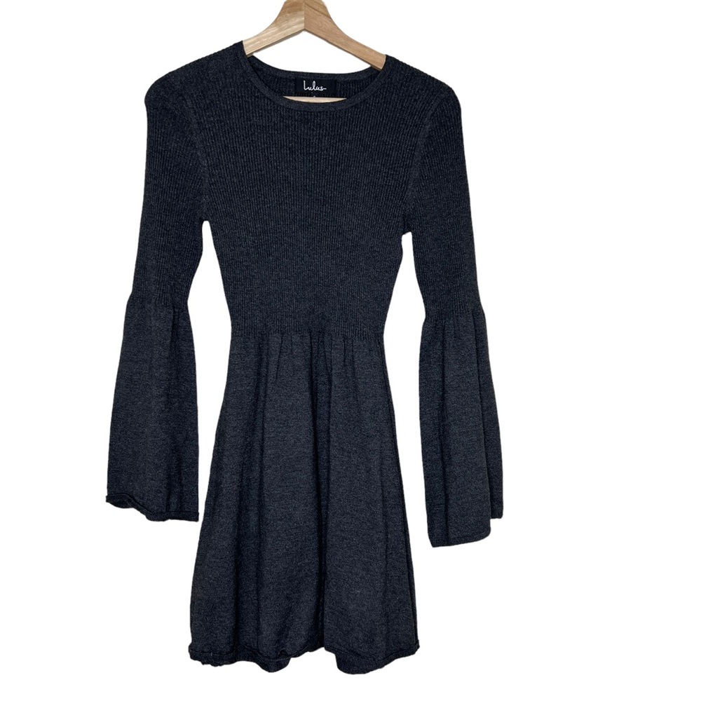 Lulu’s Dark Grey Bell Sleeve Fit and Flare Mini Dress Women’s Size Small